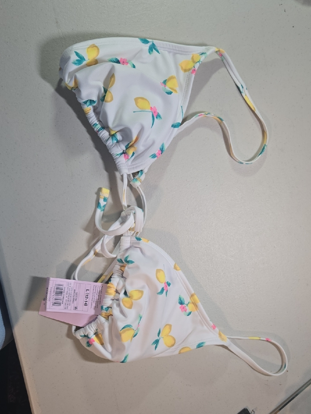 White Lemon-Print Triangle Bikini Top
